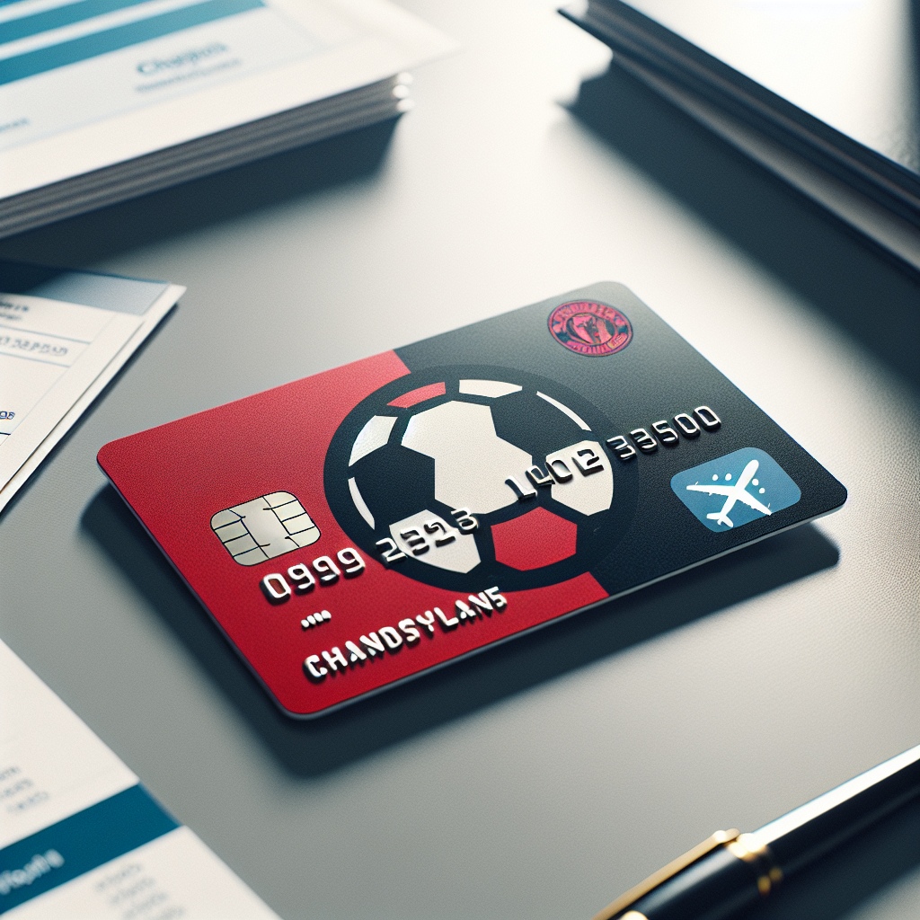 Nærbilde av et kreditkort med Manchester United-logo på en moderne skrivebordflate, røde og svarte farger, økonomiske dokumenter og et flybillett-ikon i bakgrunnen