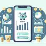 Illustrasjon av en moderne økonomiapp kalt Motty på en mobilskjerm, med grafer, sparepotter og ikoniske økonomisymboler, lys og profesjonell stil
