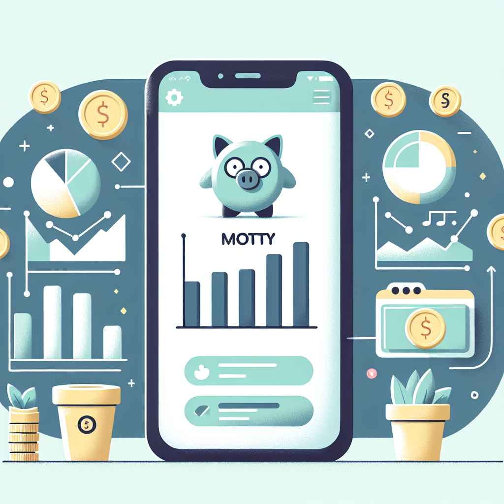 Illustrasjon av en moderne økonomiapp kalt Motty på en mobilskjerm, med grafer, sparepotter og ikoniske økonomisymboler, lys og profesjonell stil