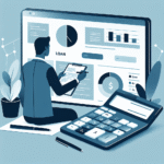 Moderne illustrasjon av en person som planlegger budsjett med låneoversikt på en digital skjerm, kalkulator og papir, profesjonell og rolig fargepalett