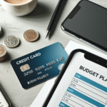 Nærbilde av et moderne Credits Visa-kort på et bord ved siden av en smarttelefon og budsjettskjema, klart, profesjonelt, nordisk fargeskala